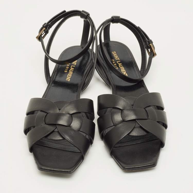 Pre Owned Saint Laurent Tribute Size 38 Black Leather Ankle Strap Flat Sandals