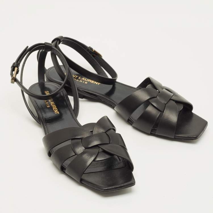 Pre Owned Saint Laurent Tribute Size 38 Black Leather Ankle Strap Flat Sandals
