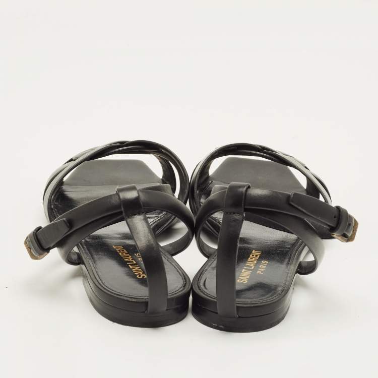 Pre Owned Saint Laurent Tribute Size 38 Black Leather Ankle Strap Flat Sandals