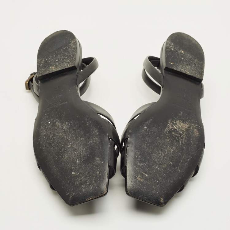 Pre Owned Saint Laurent Tribute Size 38 Black Leather Ankle Strap Flat Sandals