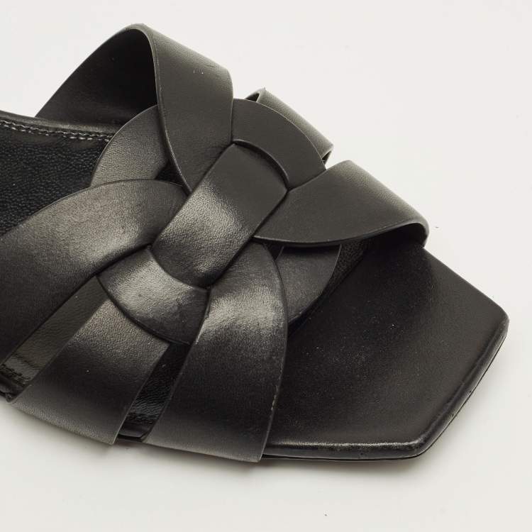 Pre Owned Saint Laurent Tribute Size 38 Black Leather Ankle Strap Flat Sandals
