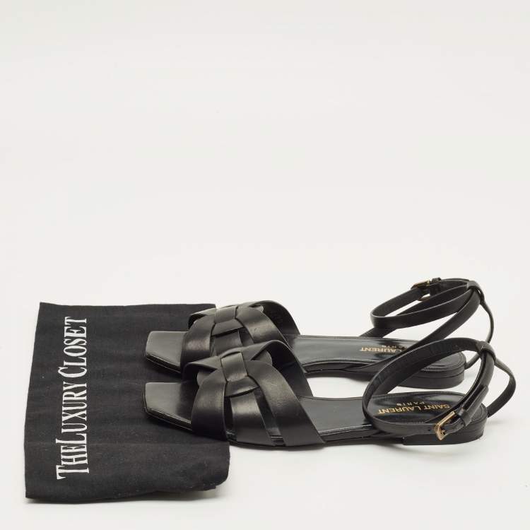 Pre Owned Saint Laurent Tribute Size 38 Black Leather Ankle Strap Flat Sandals