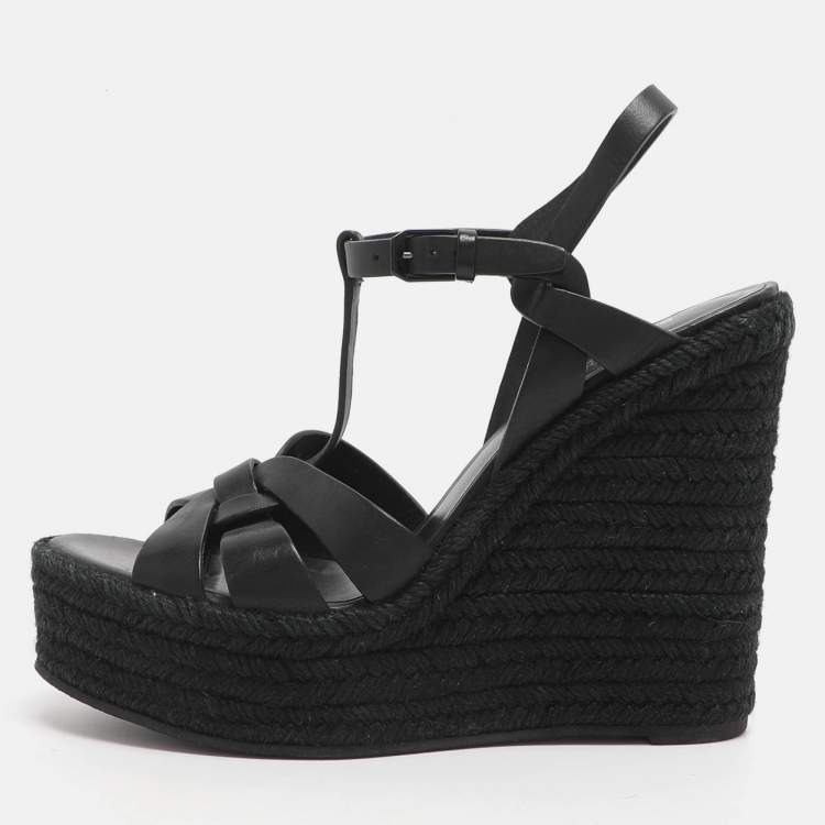 Pre Owned Saint Laurent Black Leather Tribute Espadrille Wedge Sandals Size 39.5
