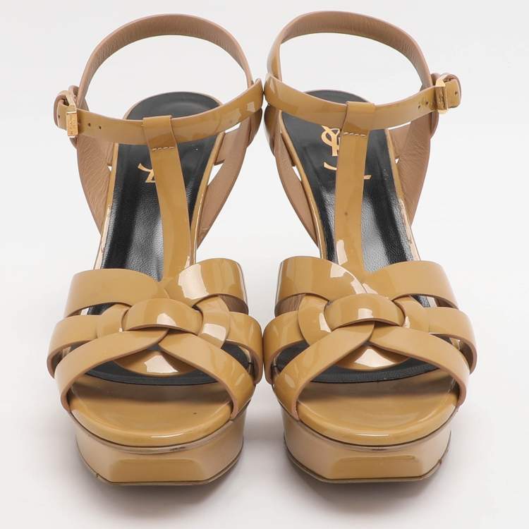 Pre Owned Saint Laurent Paris Tribute Size 38.5 Caramel Patent Leather Ankle Strap Sandals