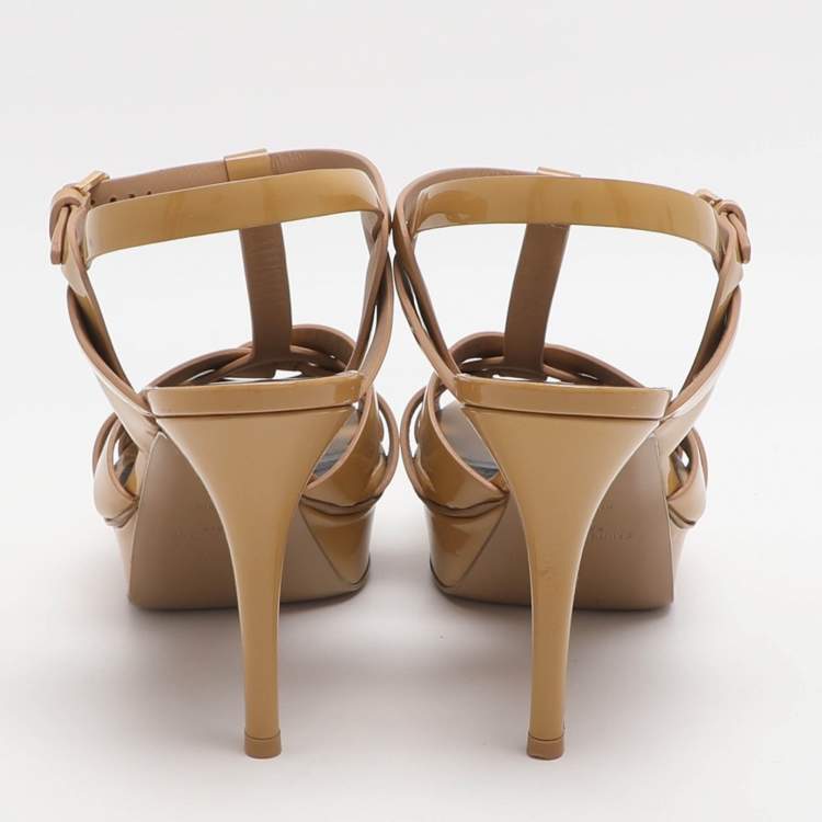 Pre Owned Saint Laurent Paris Tribute Size 38.5 Caramel Patent Leather Ankle Strap Sandals