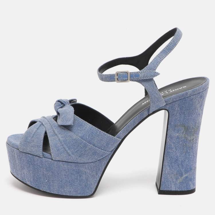 Pre Owned Saint Laurent Paris Candy Size 39.5 Blue Denim Ankle Strap Platform Sandals