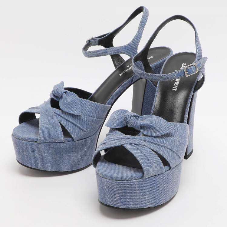 Pre Owned Saint Laurent Paris Candy Size 39.5 Blue Denim Ankle Strap Platform Sandals