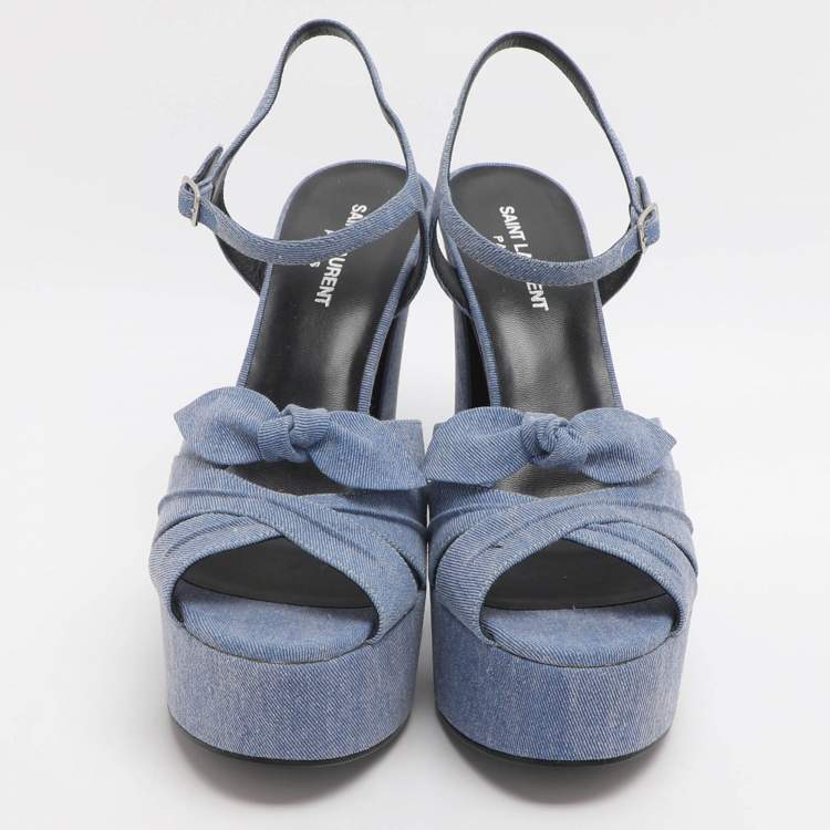 Pre Owned Saint Laurent Paris Candy Size 39.5 Blue Denim Ankle Strap Platform Sandals
