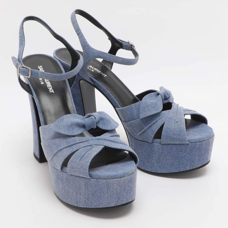 Pre Owned Saint Laurent Paris Candy Size 39.5 Blue Denim Ankle Strap Platform Sandals