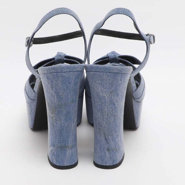 Pre Owned Saint Laurent Paris Candy Size 39.5 Blue Denim Ankle Strap Platform Sandals