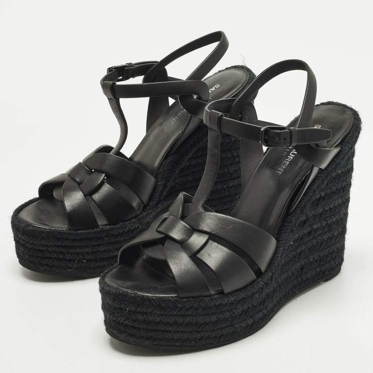 مملوكة مسبقًا Saint Laurent Tribute Size 39.5 Black Leather Espadrille Wedge Sandals
