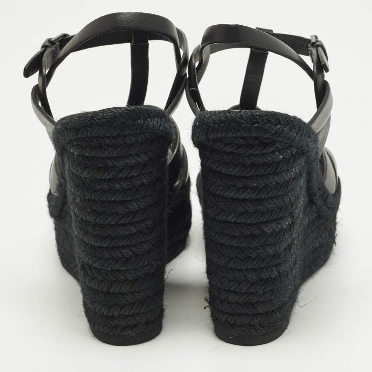 مملوكة مسبقًا Saint Laurent Tribute Size 39.5 Black Leather Espadrille Wedge Sandals