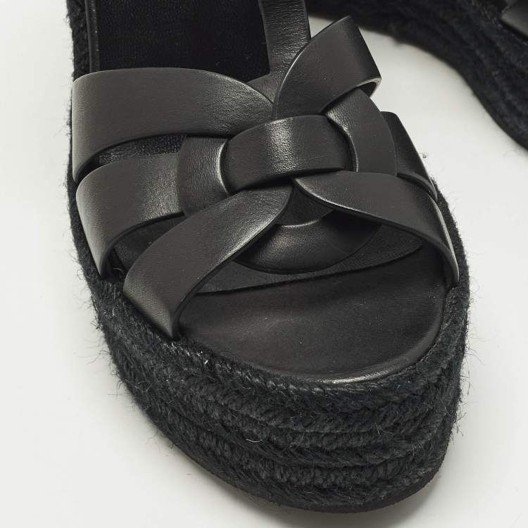مملوكة مسبقًا Saint Laurent Tribute Size 39.5 Black Leather Espadrille Wedge Sandals