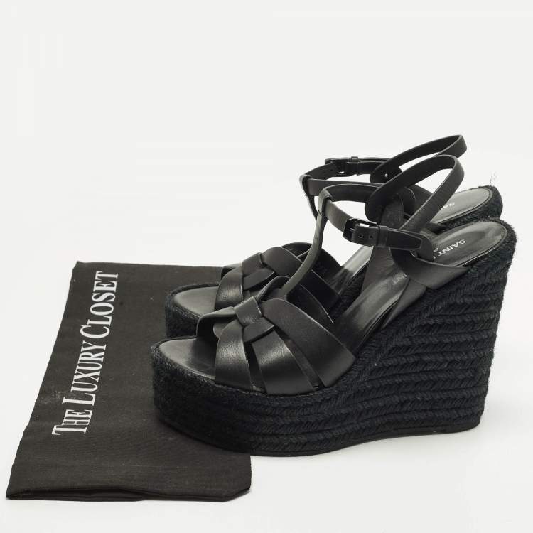 مملوكة مسبقًا Saint Laurent Tribute Size 39.5 Black Leather Espadrille Wedge Sandals