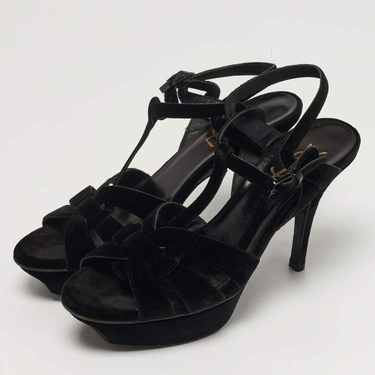 Pre Owned Saint Laurent Tribute Size 38 Black Velvet Platform Sandals