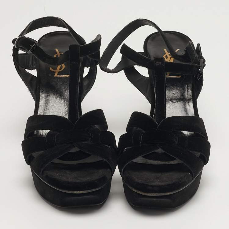Pre Owned Saint Laurent Tribute Size 38 Black Velvet Platform Sandals