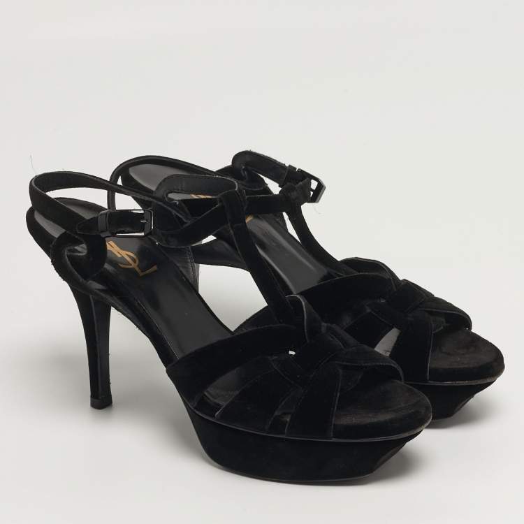 Pre Owned Saint Laurent Tribute Size 38 Black Velvet Platform Sandals
