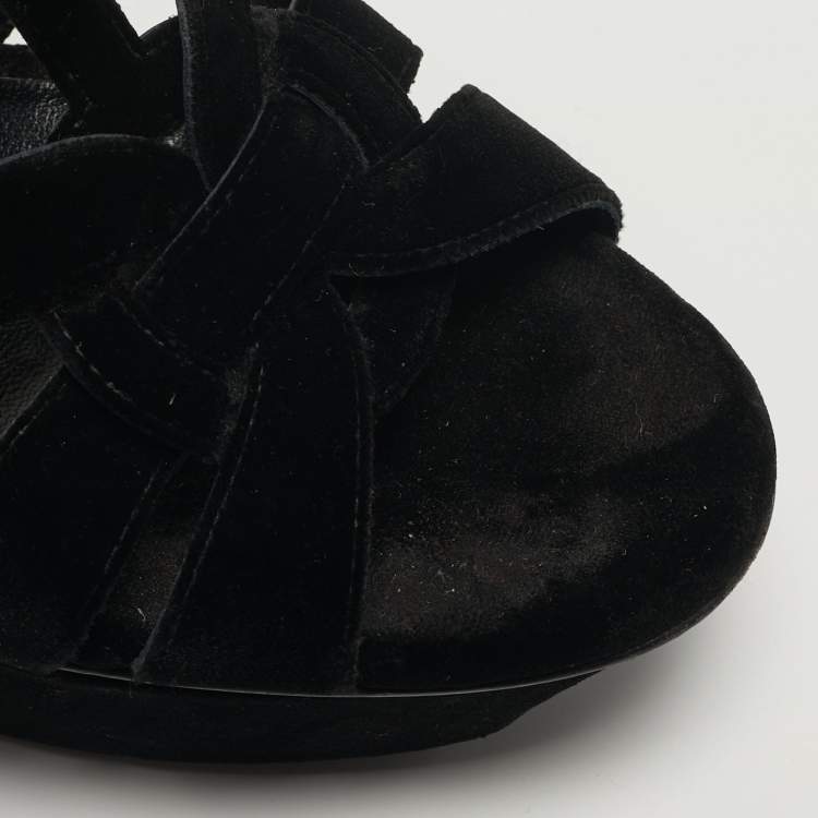 Pre Owned Saint Laurent Tribute Size 38 Black Velvet Platform Sandals