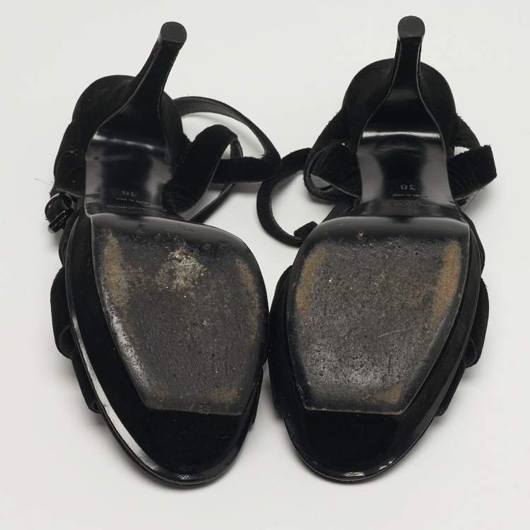 Pre Owned Saint Laurent Tribute Size 38 Black Velvet Platform Sandals