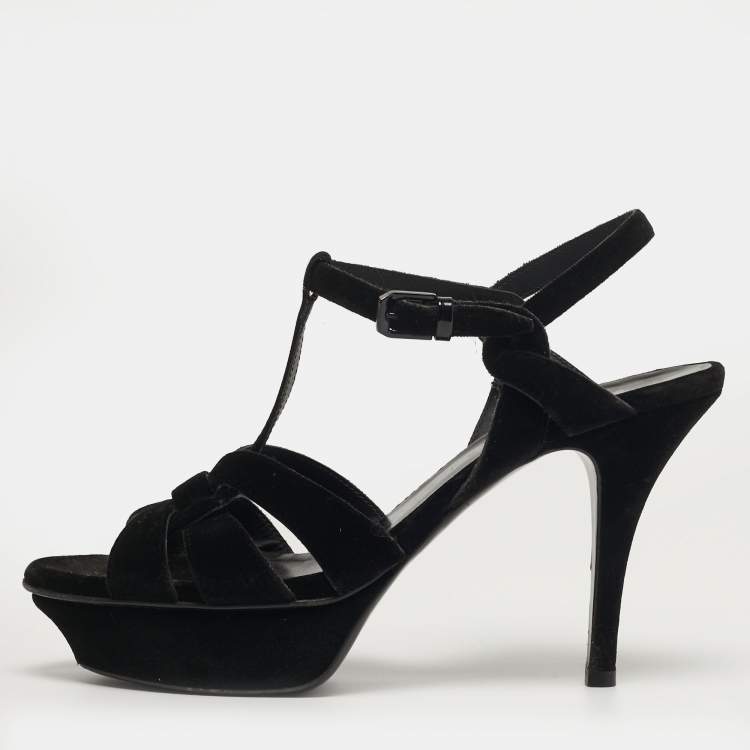 Pre Owned Saint Laurent Tribute Size 38 Black Velvet Platform Sandals