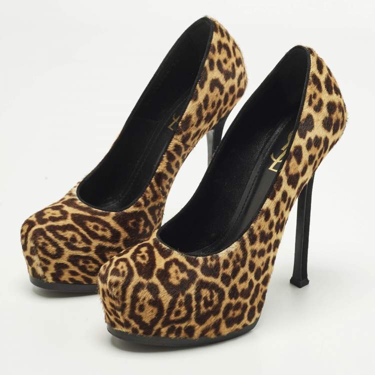 Pre Owned Saint Laurent Tribtoo Size 39 Beige/Brown Calf Hair Platform Pumps