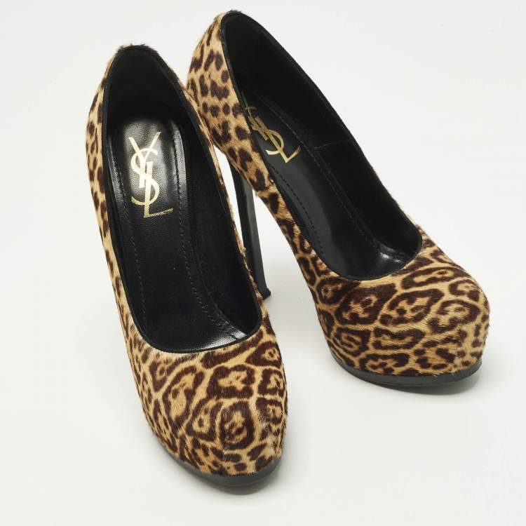 Pre Owned Saint Laurent Tribtoo Size 39 Beige/Brown Calf Hair Platform Pumps