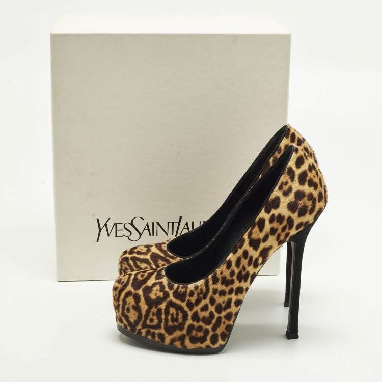 Pre Owned Saint Laurent Tribtoo Size 39 Beige/Brown Calf Hair Platform Pumps