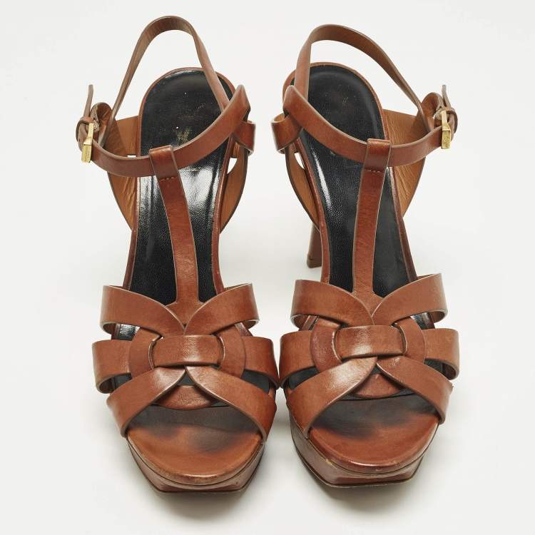 Pre Owned Saint Laurent Paris Tribute Size 41 Brown Leather Ankle Strap Sandals