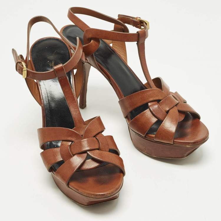 Pre Owned Saint Laurent Paris Tribute Size 41 Brown Leather Ankle Strap Sandals