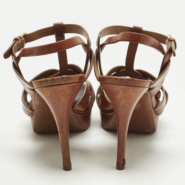 Pre Owned Saint Laurent Paris Tribute Size 41 Brown Leather Ankle Strap Sandals