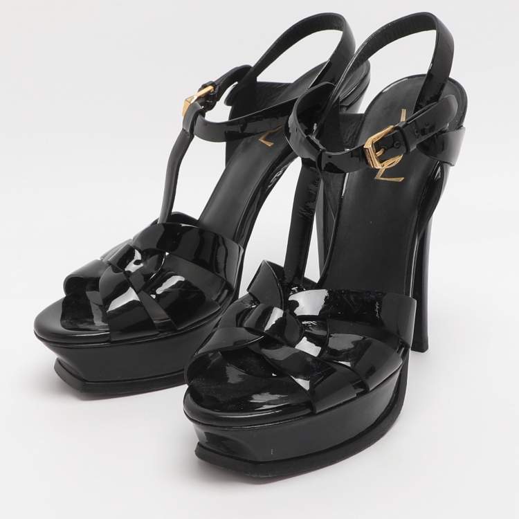 Pre Owned Saint Laurent Tribute Size 38 Black Patent Leather Platform Sandals