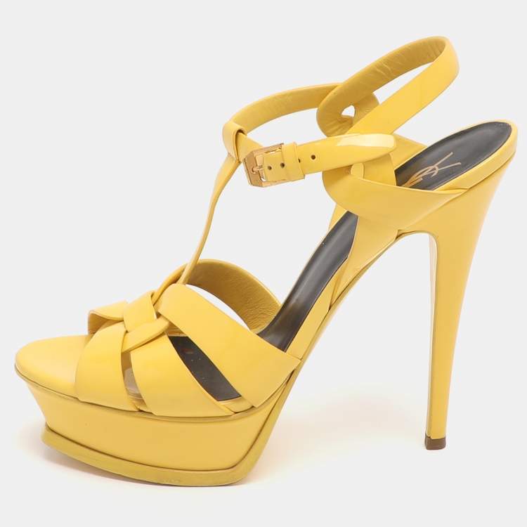 Pre Owned Saint Laurent Tribute Size 38.5 Yellow Patent Leather Ankle Strap Sandals