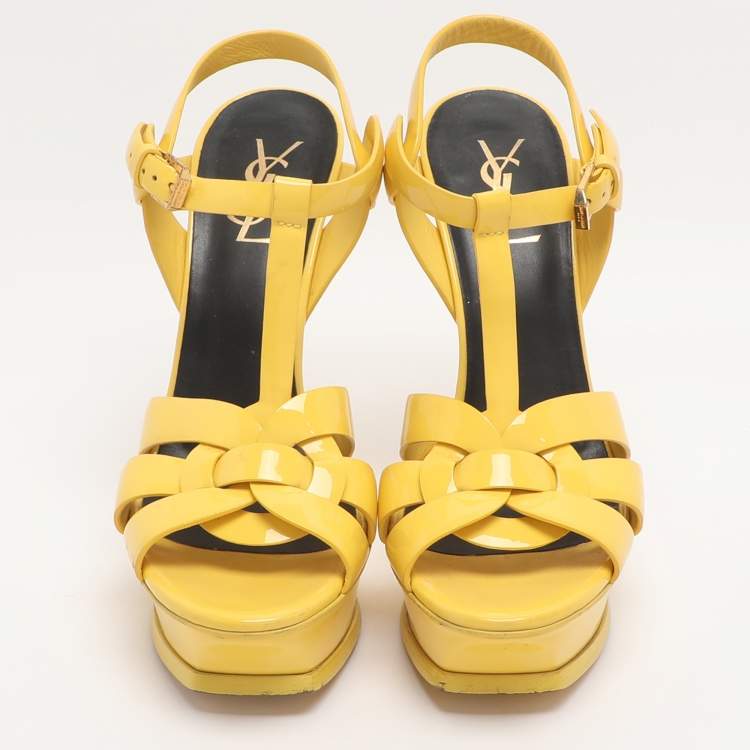 Pre Owned Saint Laurent Tribute Size 38.5 Yellow Patent Leather Ankle Strap Sandals