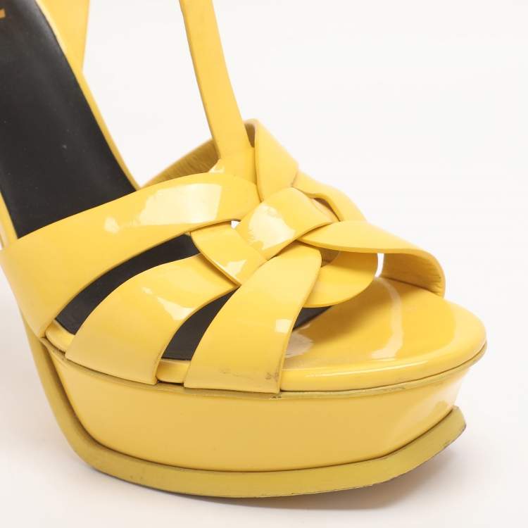 Pre Owned Saint Laurent Tribute Size 38.5 Yellow Patent Leather Ankle Strap Sandals