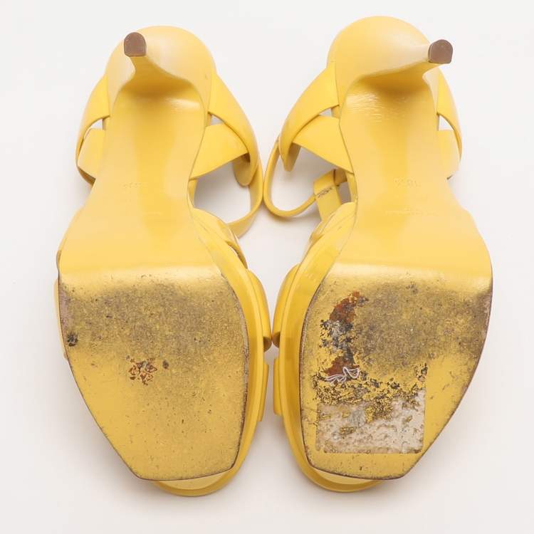 Pre Owned Saint Laurent Tribute Size 38.5 Yellow Patent Leather Ankle Strap Sandals
