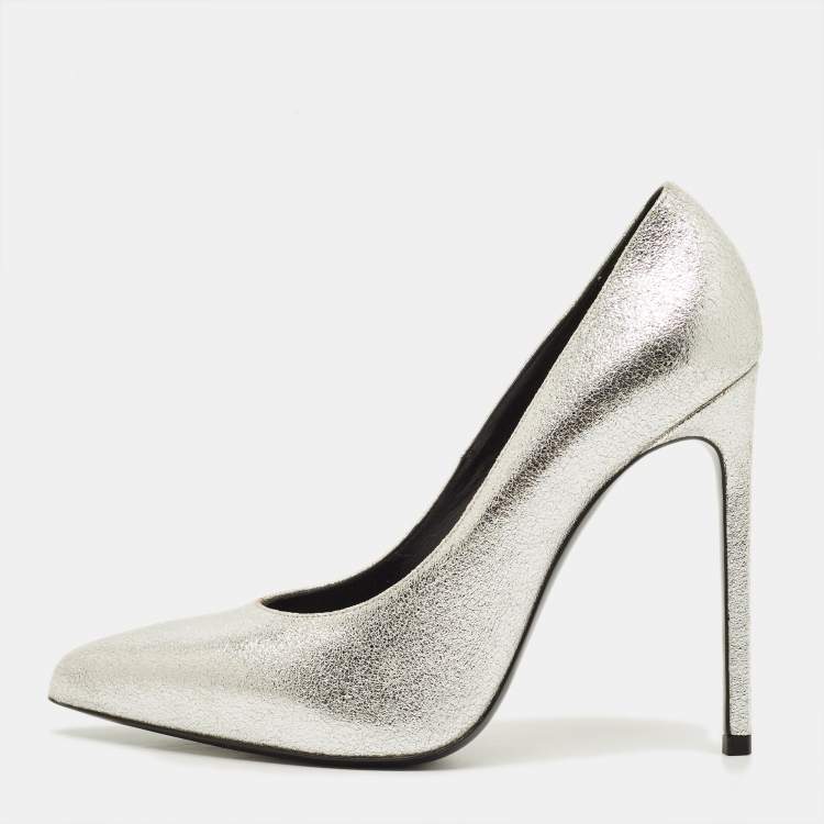 مملوكة مسبقًا Saint Laurent Zoe Size 38.5 Silver Leather Pumps