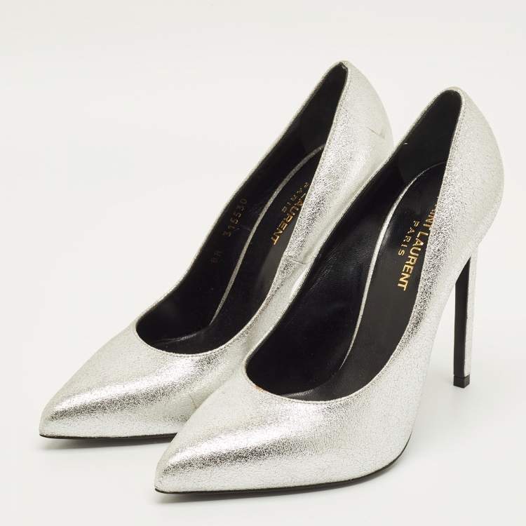 مملوكة مسبقًا Saint Laurent Zoe Size 38.5 Silver Leather Pumps