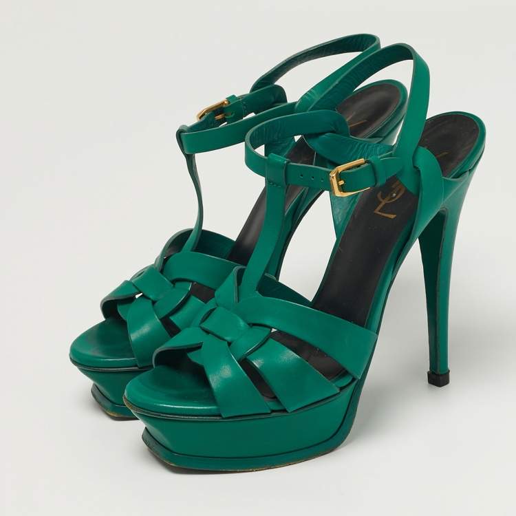 Pre Owned Saint Laurent Tribute Size 37.5 Green Leather Platform Sandals