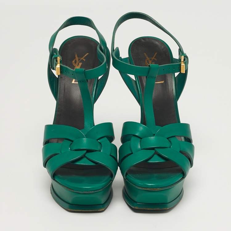 Pre Owned Saint Laurent Tribute Size 37.5 Green Leather Platform Sandals