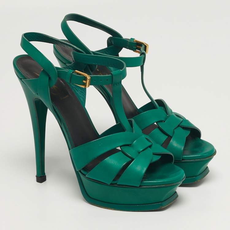 Pre Owned Saint Laurent Tribute Size 37.5 Green Leather Platform Sandals