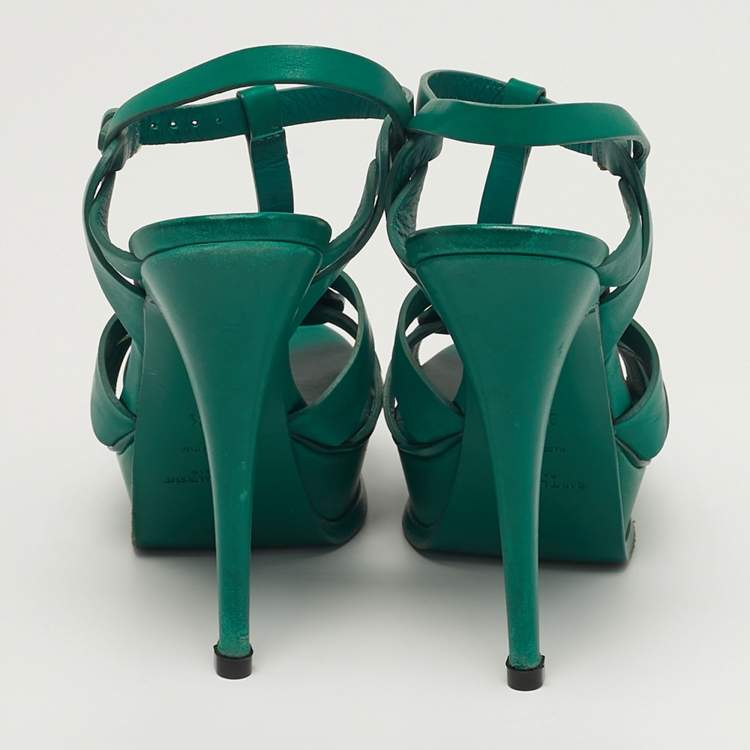 Pre Owned Saint Laurent Tribute Size 37.5 Green Leather Platform Sandals
