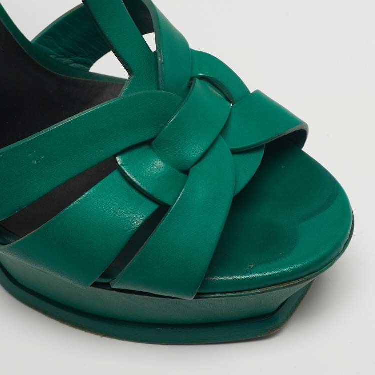 Pre Owned Saint Laurent Tribute Size 37.5 Green Leather Platform Sandals