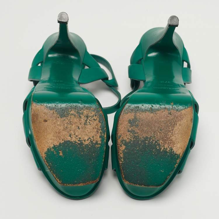 Pre Owned Saint Laurent Tribute Size 37.5 Green Leather Platform Sandals