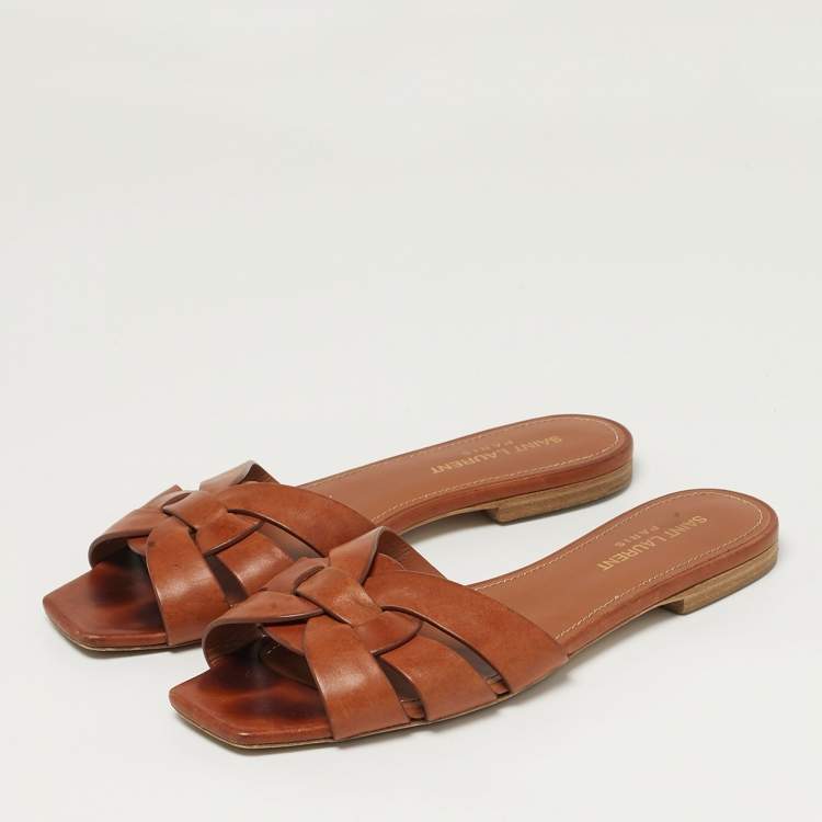 مملوكة مسبقًا Saint Laurent Tribute Size 37 Brown Leather Flat Slides 