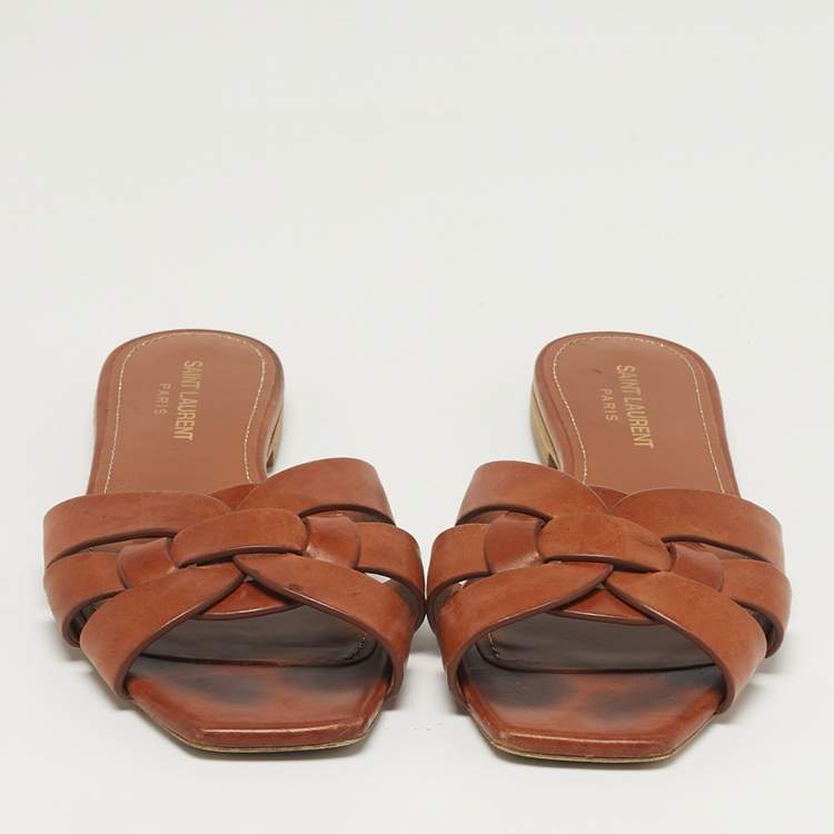 مملوكة مسبقًا Saint Laurent Tribute Size 37 Brown Leather Flat Slides 