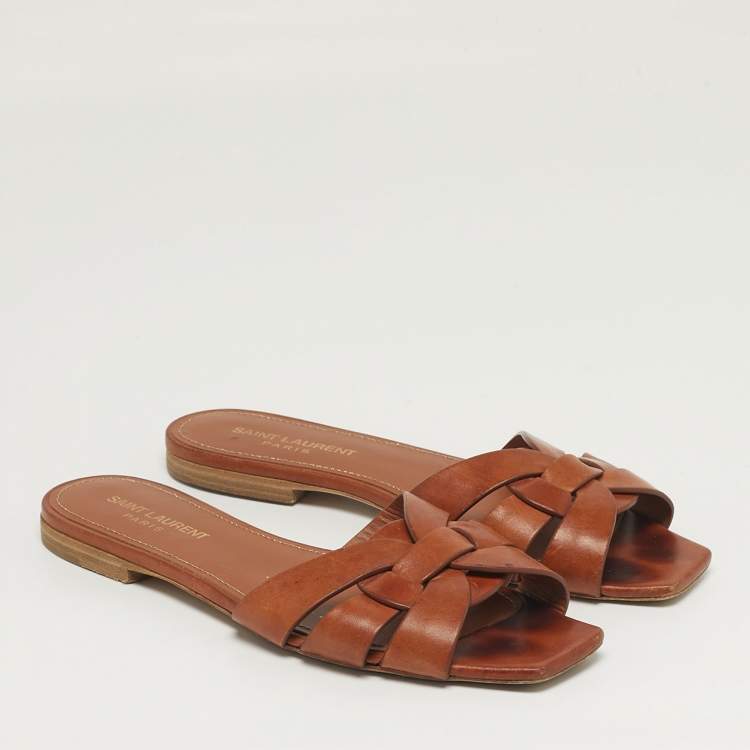 مملوكة مسبقًا Saint Laurent Tribute Size 37 Brown Leather Flat Slides 