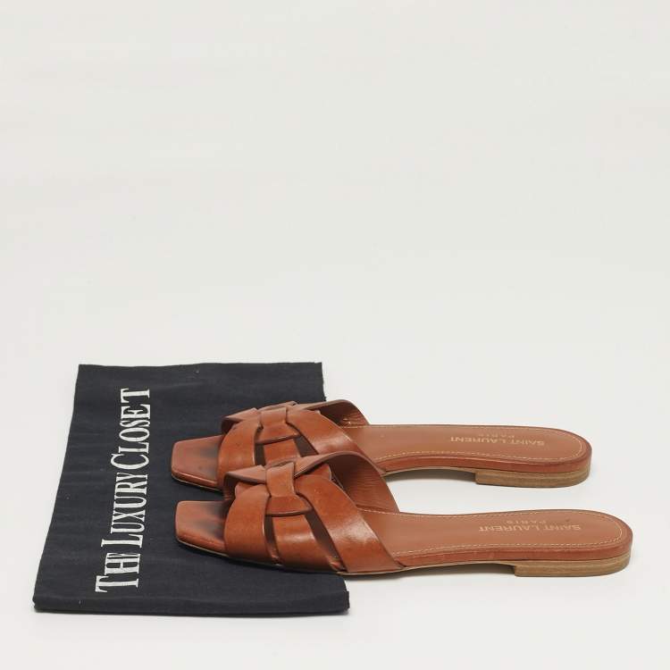 مملوكة مسبقًا Saint Laurent Tribute Size 37 Brown Leather Flat Slides 