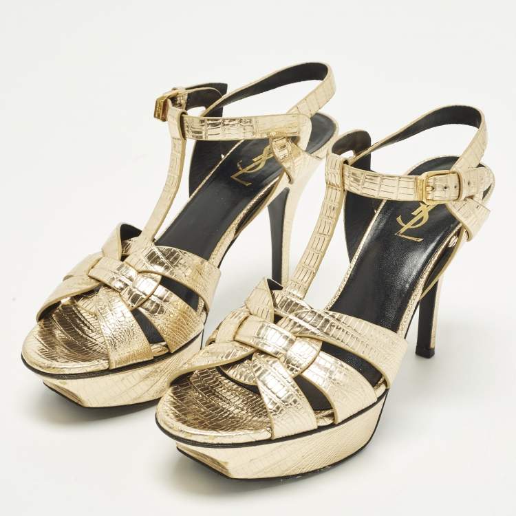 Pre Owned Saint Laurent Tribute Size 36 Gold Lizard Embossed Leather Platform Sandals