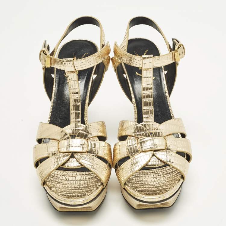 Pre Owned Saint Laurent Tribute Size 36 Gold Lizard Embossed Leather Platform Sandals