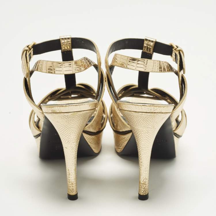Pre Owned Saint Laurent Tribute Size 36 Gold Lizard Embossed Leather Platform Sandals